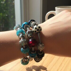 Womens Multi Color Beaded Charm Bracelets Red, Turquoise, Black, 925 Silver